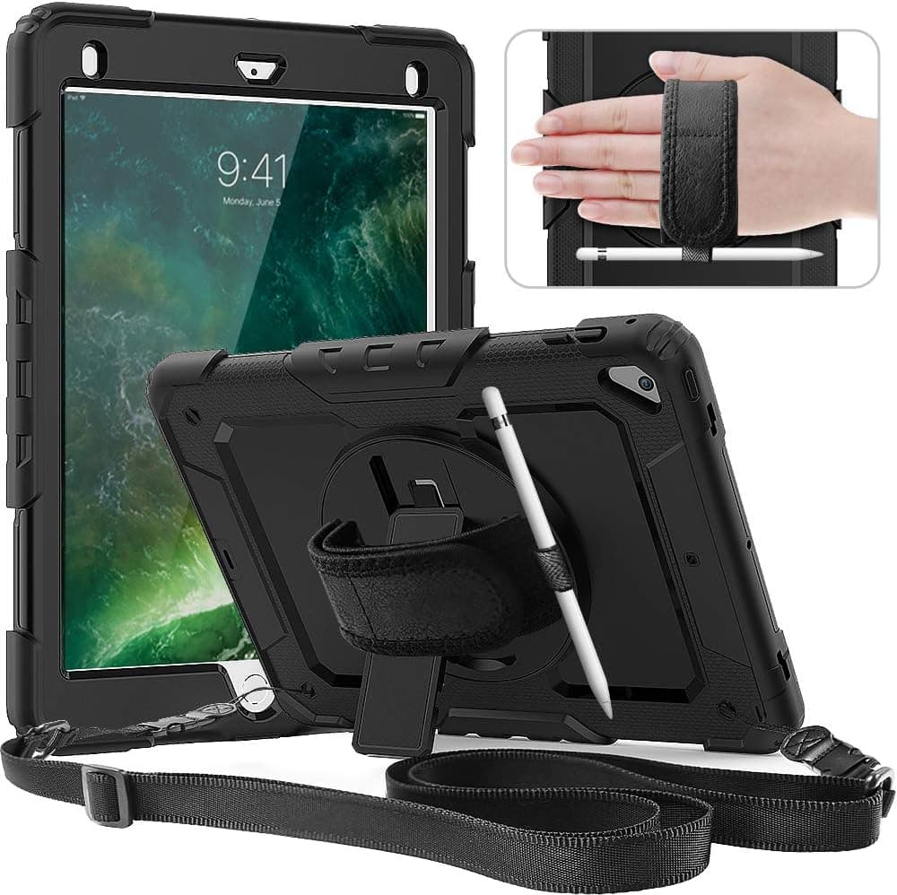 timecity Case Compatible with iPad 6th/5th Generation,9.7 Inch 2018/2017 Case with Rotating Stand/Strap Full-Body Rugged Durable Protective Case for iPad 5th/6th Gen/Air 2/ Pro 9.7 Purple