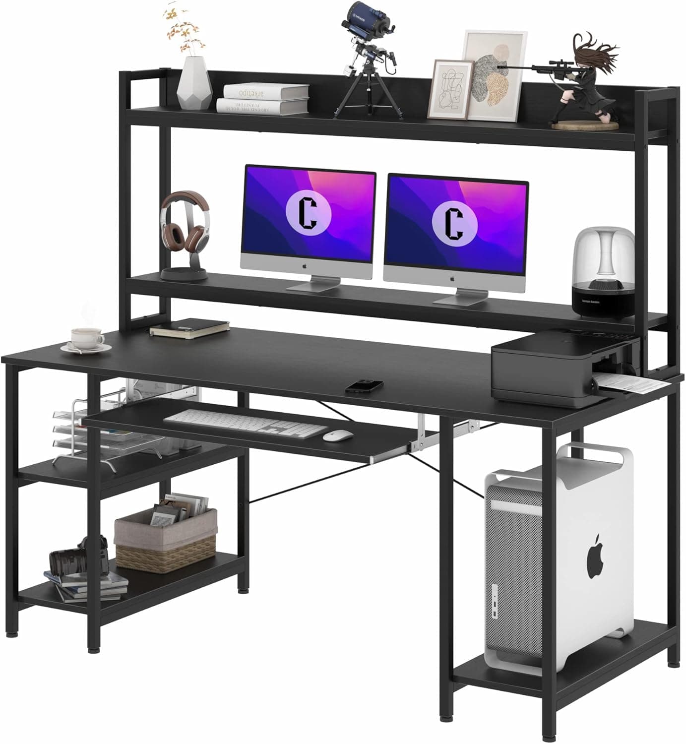 Computer Desk with with Hutch, 55 INCH Desk with Keyboard Tray Bookshelf, Large Dual Monitor Gaming Desk Metal Home Office Desk with Storage Shelves Study Writing Workstation, Easy to Assemble, Black