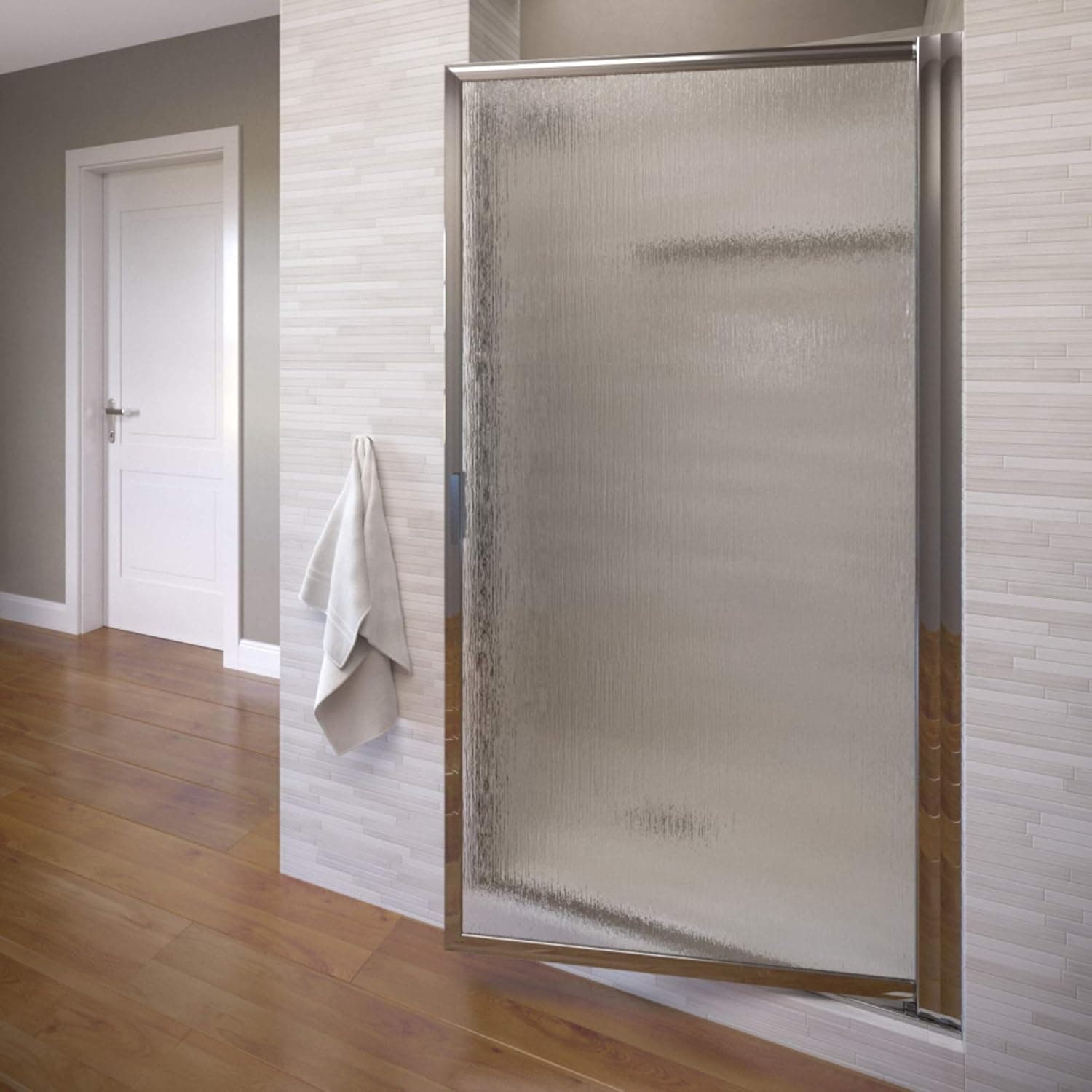 Basco SOPN00A2663RNSV Sopora Single Swing Shower Door, Chrome, 24.5-26 in. Wide x 63.5 in. high, Rain Glass