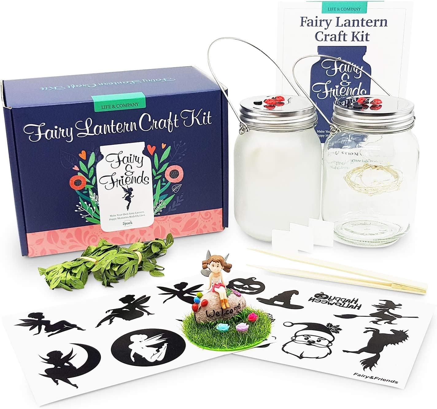 Fairy Lantern and Terrarium Kit for Kids (2Pack) - Figurines & Seasonal Decals - 20 LED String Lights on Lid, 1 Hour Auto Sleep, Constant and Flicking - Creative Toy - Gift for Girls (Fairy & Holiday)