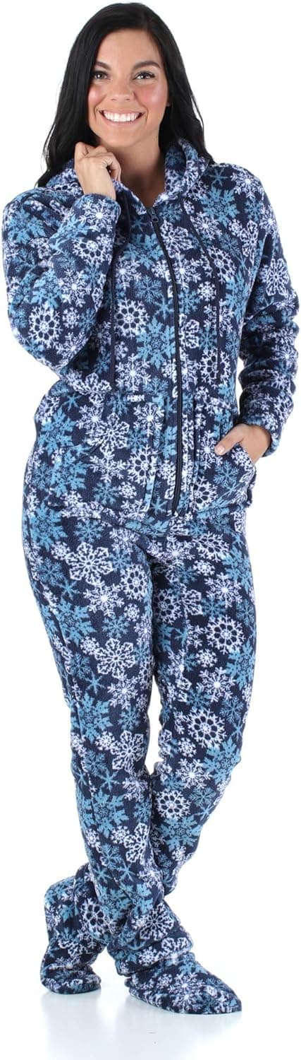 SleepytimePJs Women's Fleece Hooded Footed Onesie Pajama, Navy Blue Snowflakes, XL