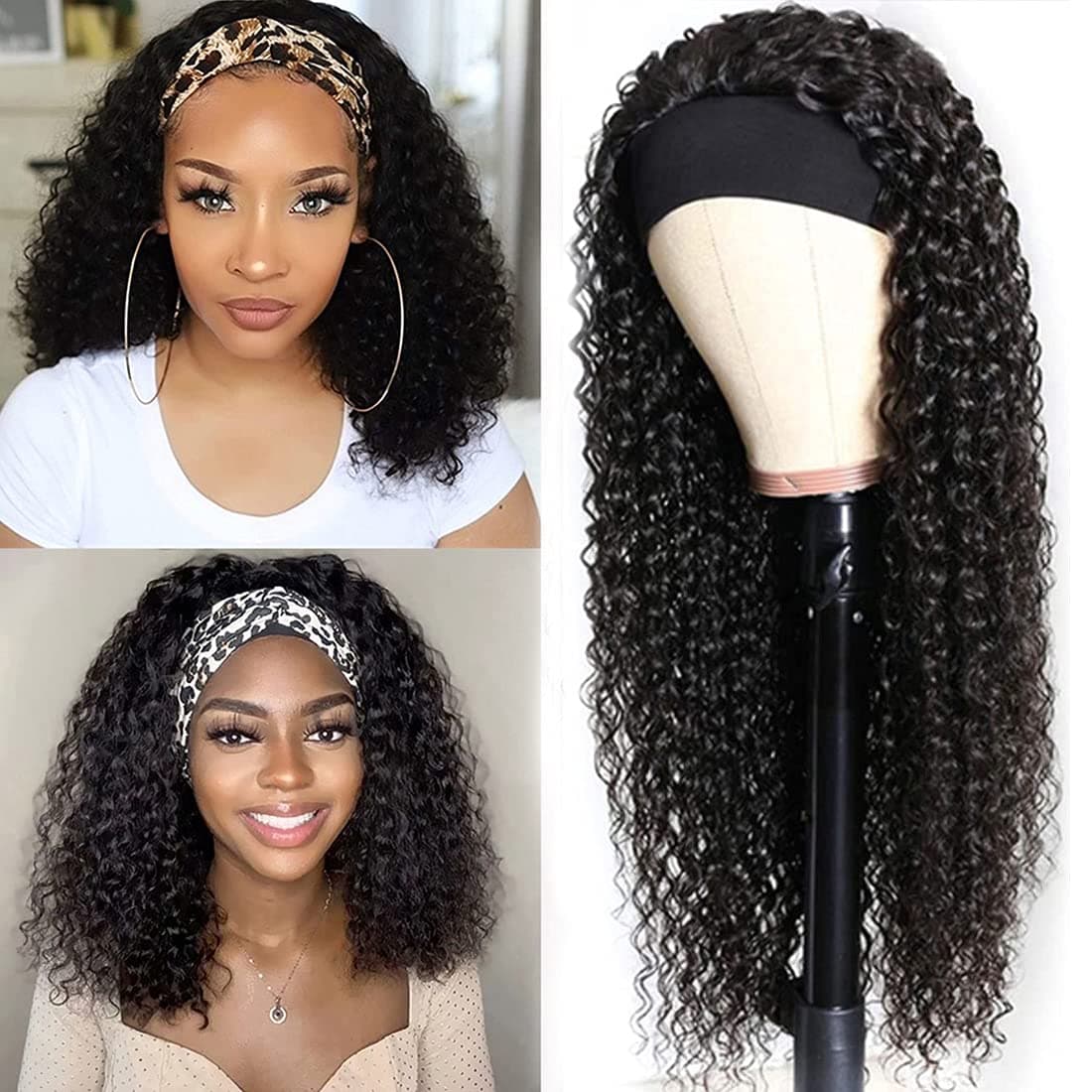 Angie Queen Headband Wigs Human Hair for Black Women Curly Human Hair Wigs Glueless Brazilian Virgin Hair None Lace Front Wigs Machine Made Human Hair Headband Wig 180% Density (14" Headband wigs)