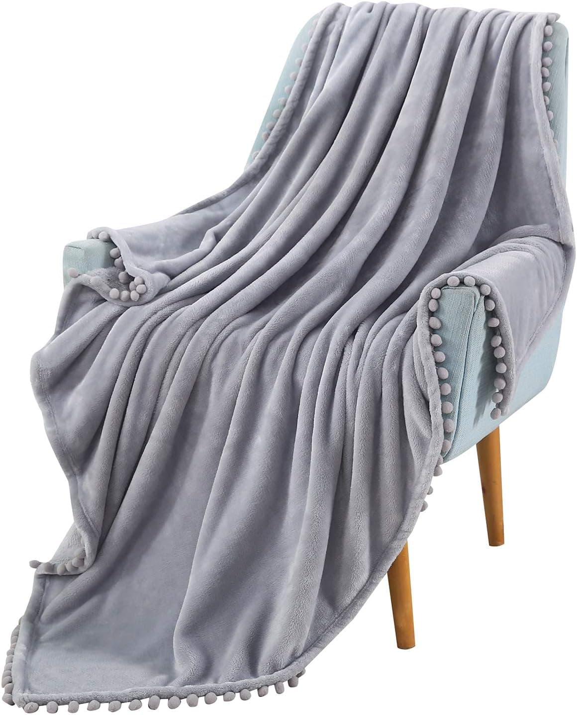 TASTHROW Flannel Pom Pom Throw Blanket, Cozy Lightweight Thick Blanket, All Seasons Suitable for Women, Men and Kids (Light Grey, 50"x60")