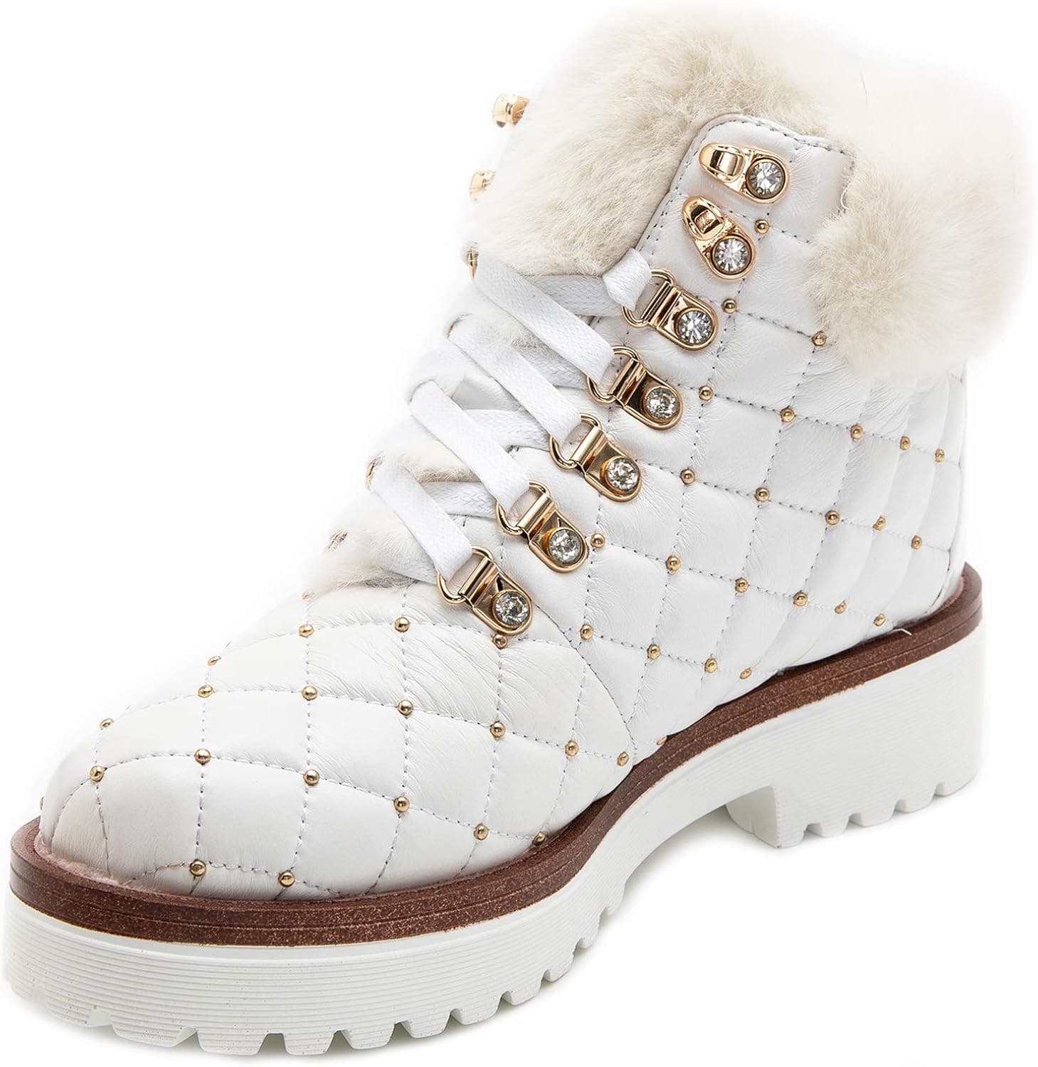 JWJ Winter Boots for Women Waterproof Snow Boots Leather Ankle Boots Low Heel Booties,White Size 7