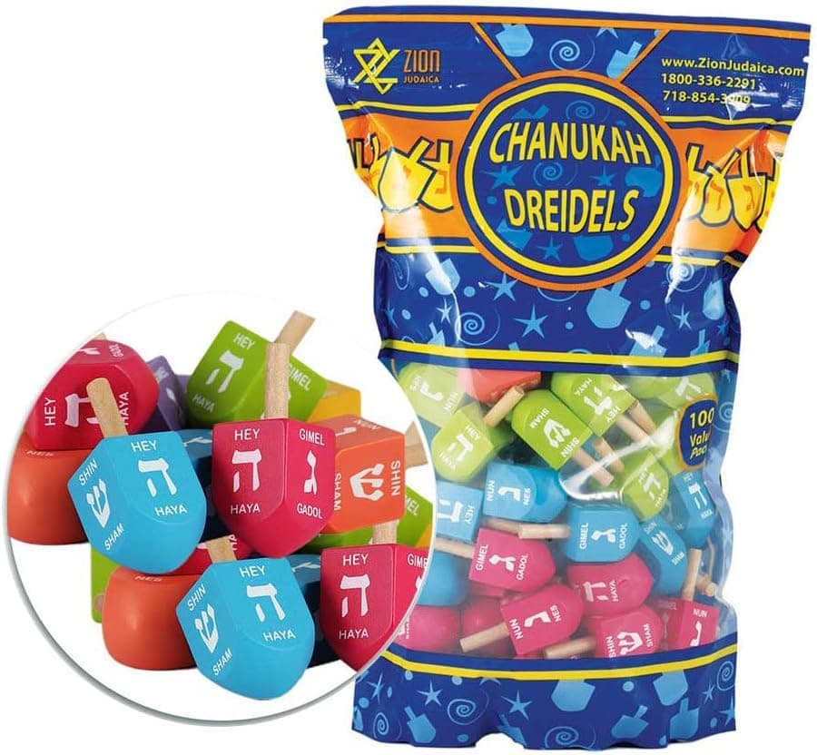 Zion Judaica Colored Wooden Dreidels 1.75" Medium Size Driedel Bulk Pack Drrydels in a Ziplock Bag 100 Pack - Chanukah Spinning Tops Driedels for Kids