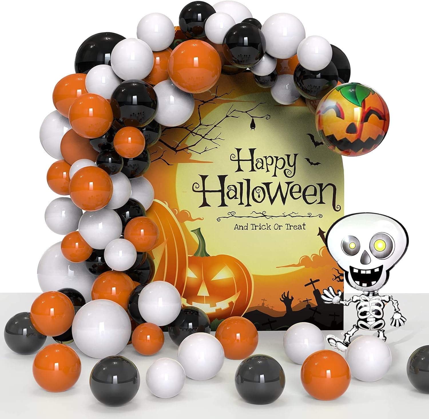 Hallowen Balloon Arch 124PCS White Black Orange Pumpkins Skeleton Balloons for Hallooween Party Decoration Indoor Outdoor Birthday