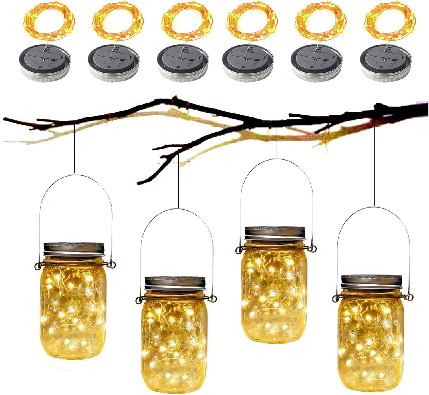 LedBack 6Pack Solar Power Mason Jar Lid Lights with Hangers Warm White 20 LED Starry Star Fairy Firefly Jar Lights Solar Laterns for Outdoor Patio Garden Yard Wedding Table Decor(Jar not Included)