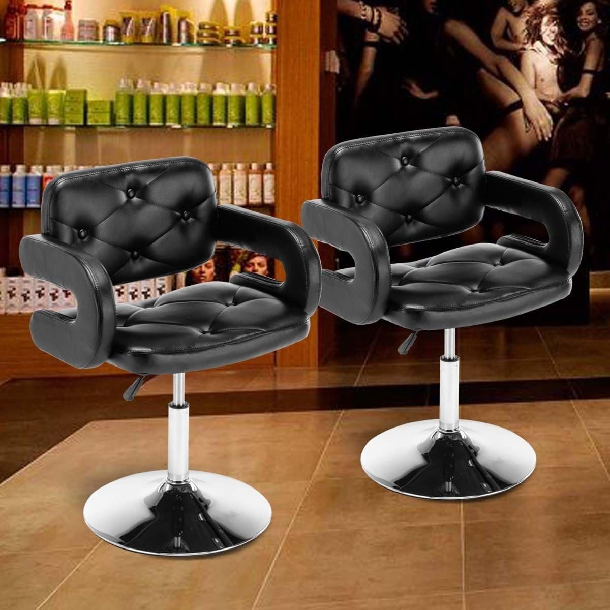 Magshion Modern Black Leather Barber Salon Adjustable Button-Tufted Bar Stool Pub Chair Set of 2