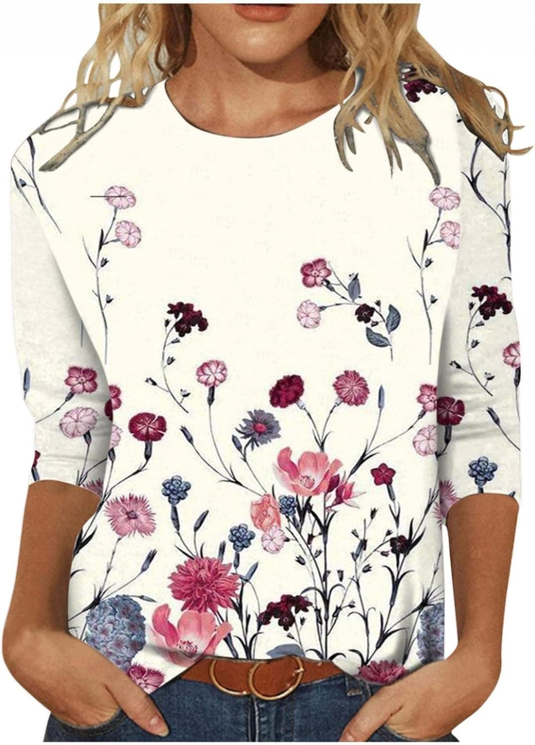Summer Tops for Women Sexy Casual Beach Shirts, Womens 3/4 Sleeve Tops Cute Butterfly Print Tee Shirts Casual Loose Lightweight Henley Shirts