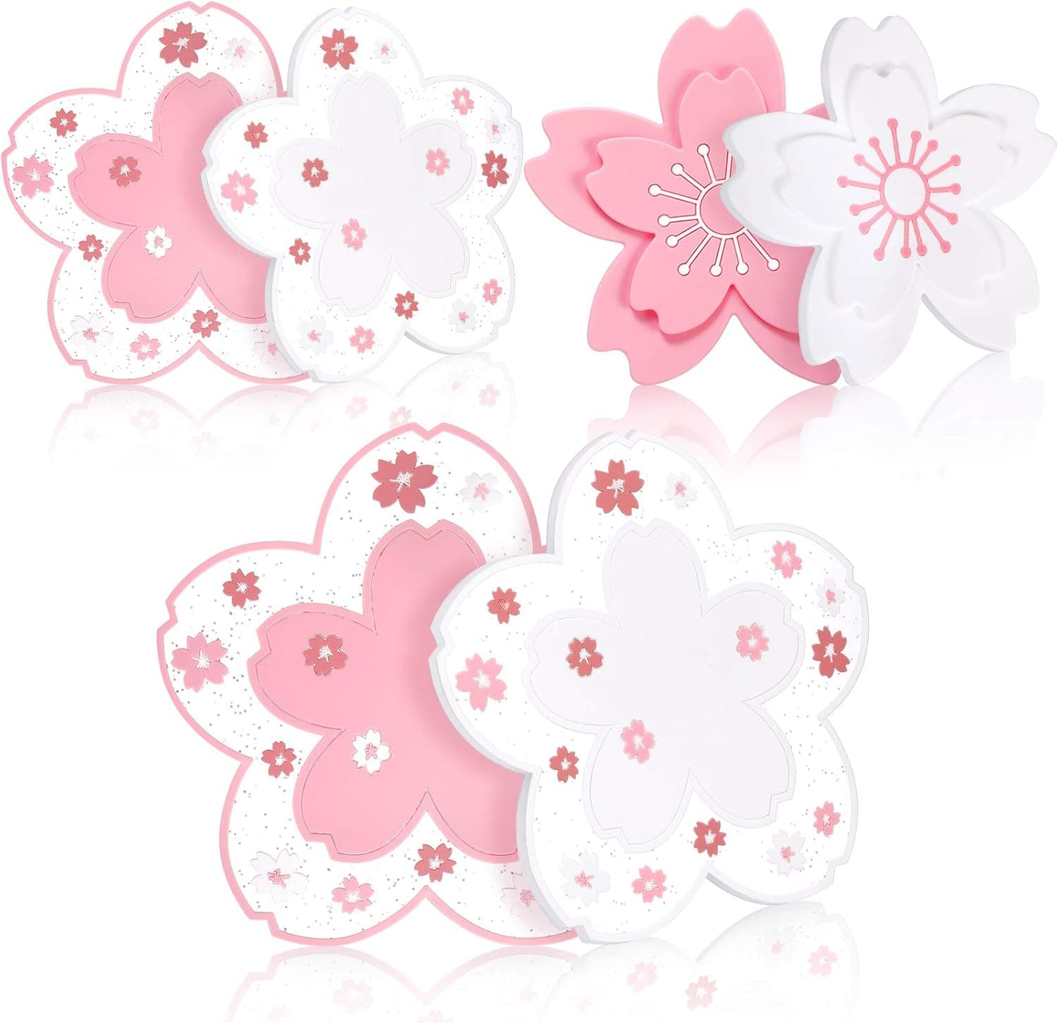 2 Pieces Sakura Pot Mat and 4 Pieces Cute Coaster Cute Coaster Sakura PVC Coaster Cherry Cup Coaster Anti-Skid Insulation Coaster for Beer, Coffee, Tableware Tea, 2 Sizes, 2 Styles