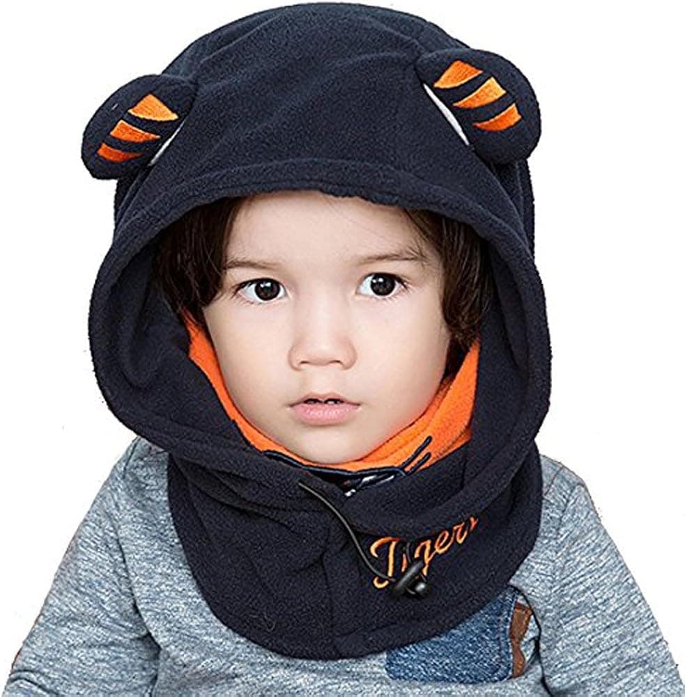 Baby Girls Boys Winter Warm Hooded Cartoon Cap Outdoor Face Cove Hat Balaclava Windproof Skiing Cycling Mask (Navy)