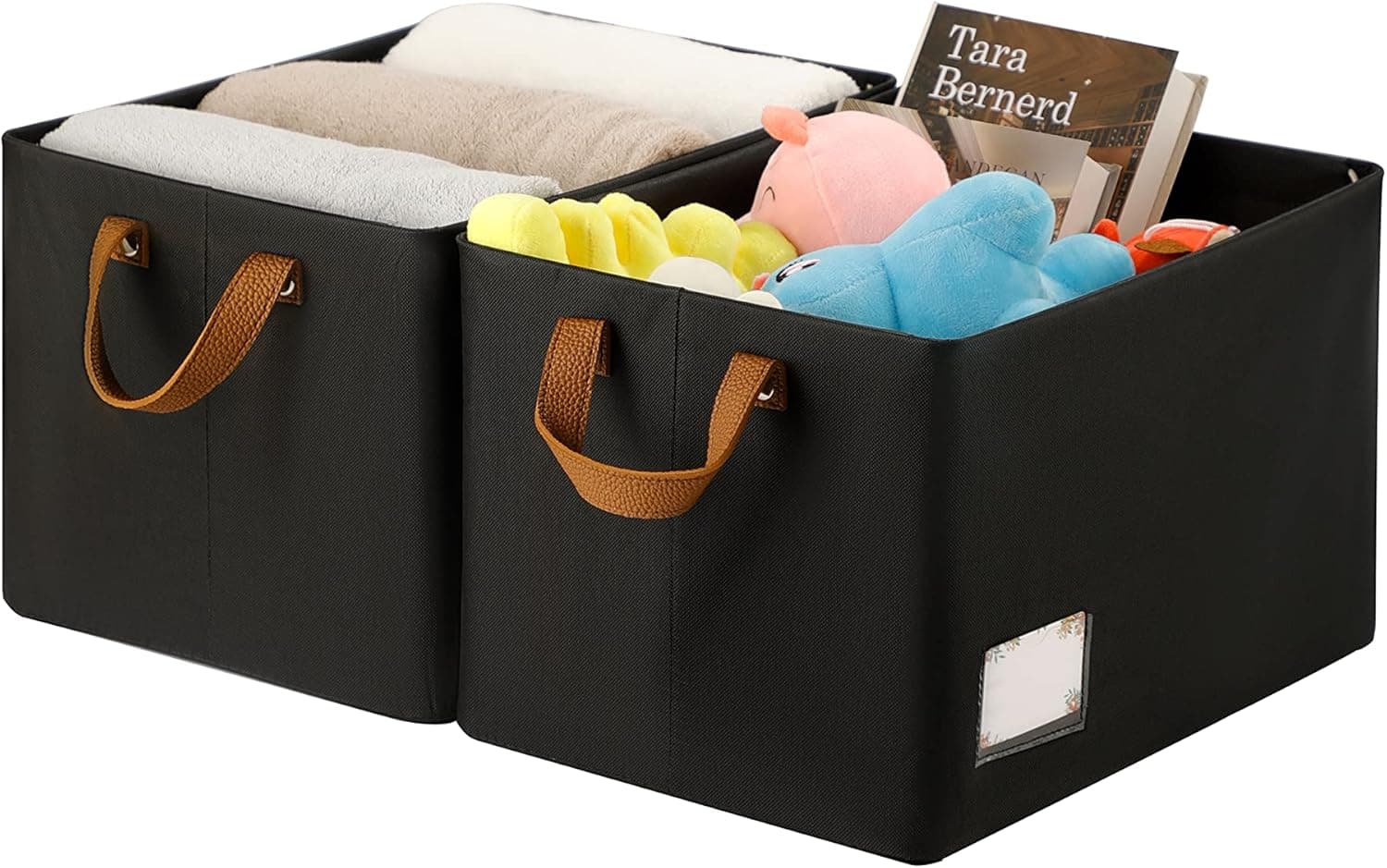 Furnhome Fabric Storage Bins for Shelves,Large Storage Basket for Organizing with Metal Frame, Flodable Storage Bins with Handles for Closet, Black, 2-Pack