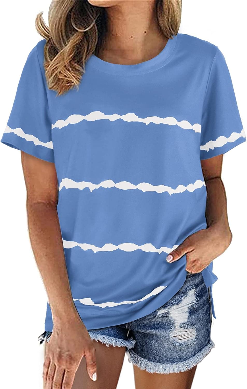 FAVALIVE Women Summer T Shirts Short Sleeve Round Neck Wavy Striped Tee Tops