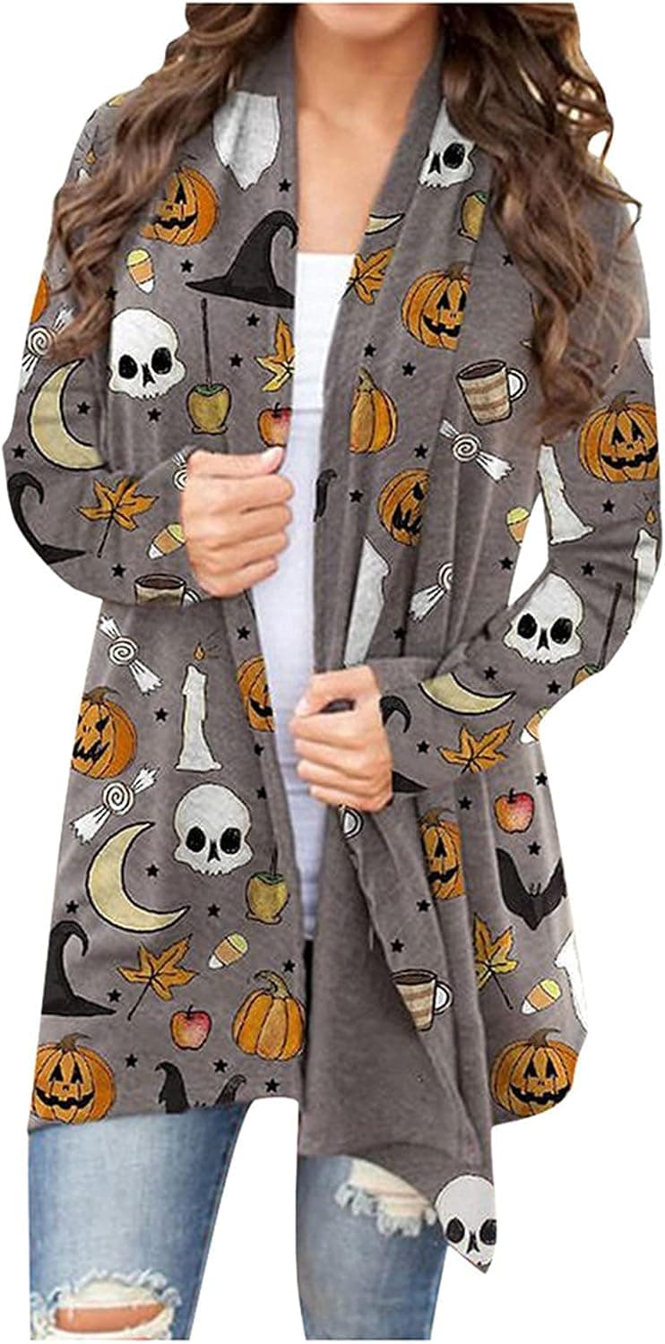 Womens Halloween Funny Cute Pumpkin Print Sweaters Long Sleeve Open Front Cardigan Blouse Lightweight Coat