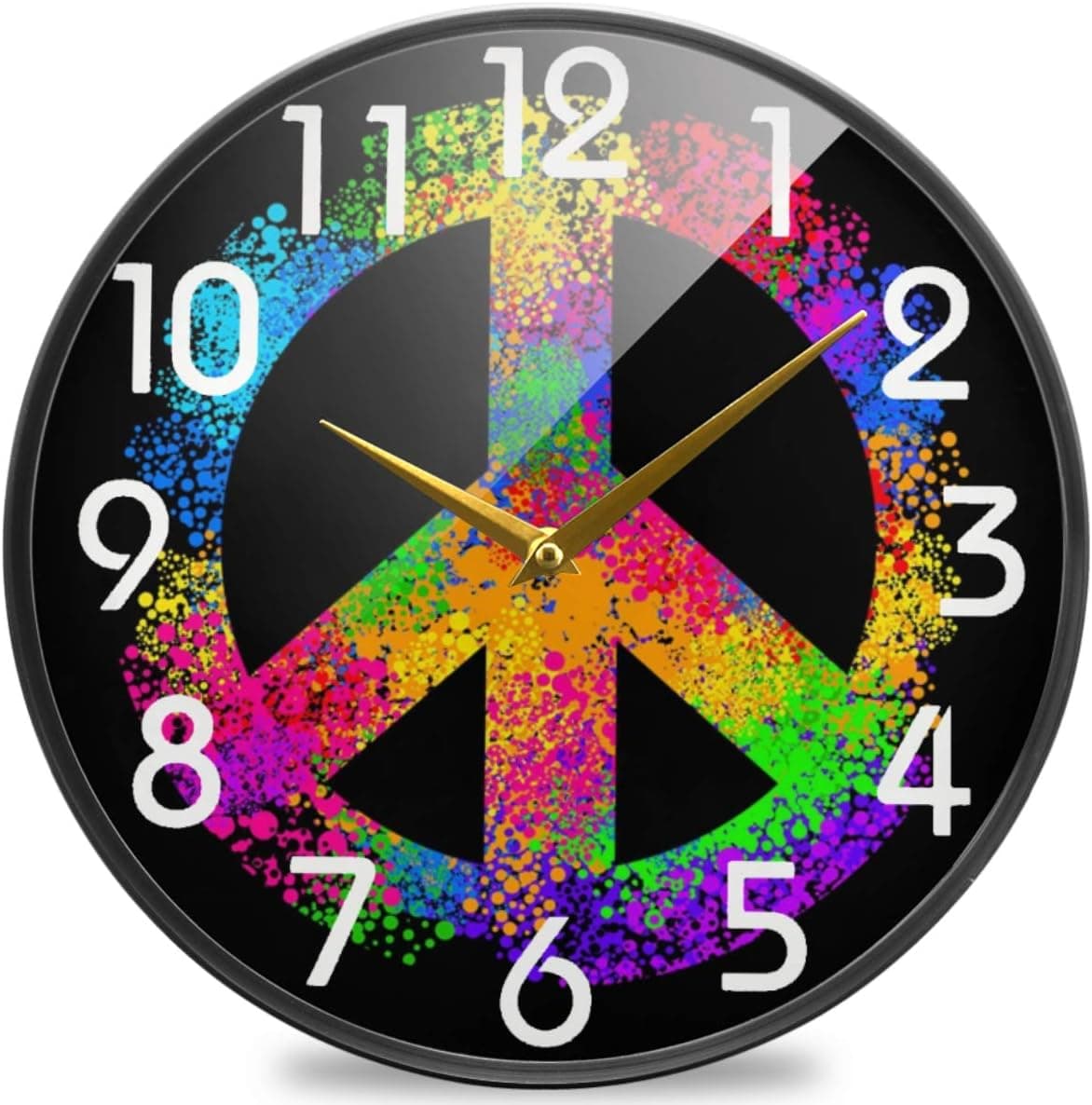 Naanle Stylish Rainbow Hippie Sign Love Peace Round Wall Clock, 12 Inch Silent Battery Operated Quartz Analog Quiet Desk Clock for Home,Office,School