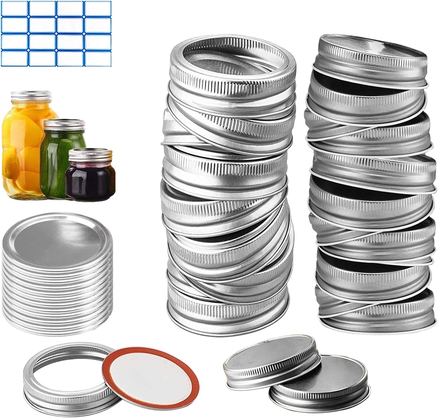 [36 Pack] Regular Mouth Canning Lids 70MM, 12 Split-Type Mason Jar Lids with 12 Silicone Seals Rings Leak Proof and 12 Regular Mouth Mason Jar Lids Silver (70mm)