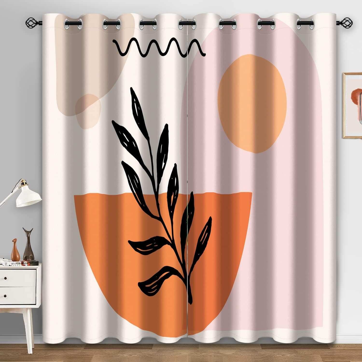 Aimego Boho Blackout Curtains Modern Abstract Art Minimalist Arch Line Leaves Bohemian Window Drapes Decor for Bedroom Living Room Grommet Top Room Darkening Curtains 2 Panel Set, 52"X84"