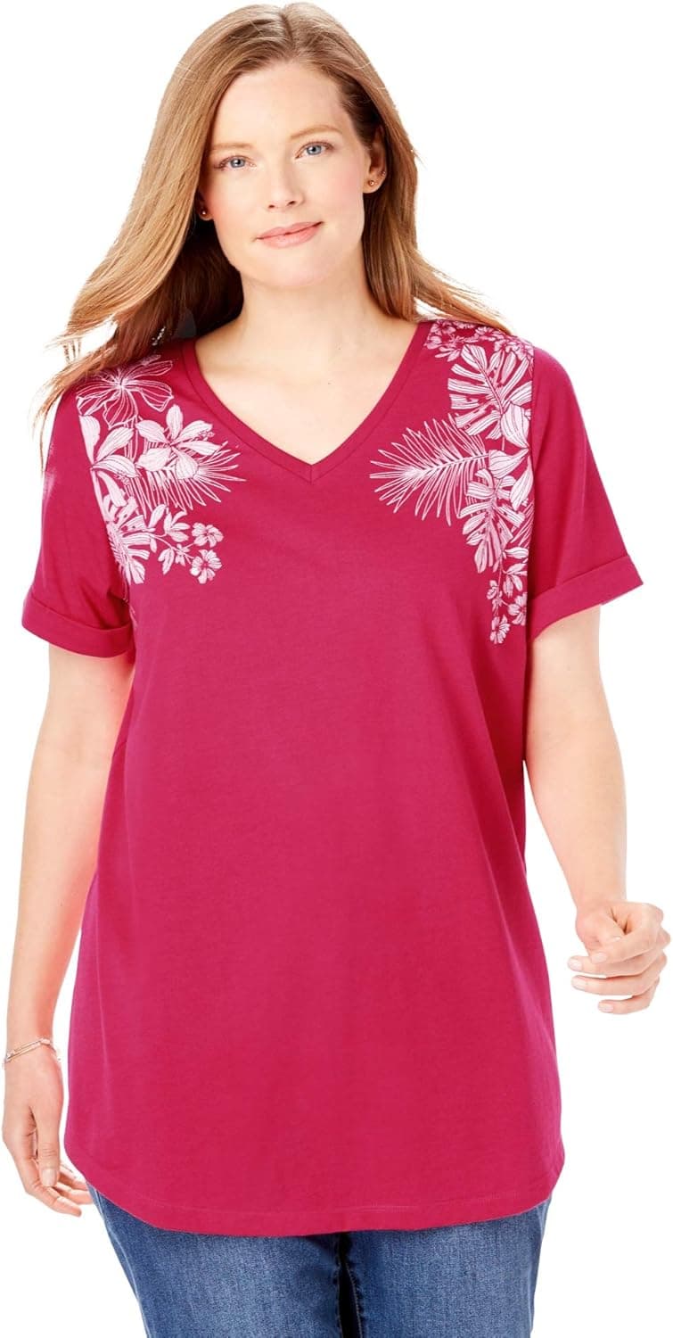 Woman Within Women's Plus Size Cuffed Americana Print Tee Shirt - 3X, Crystal Berry Tropical Placement