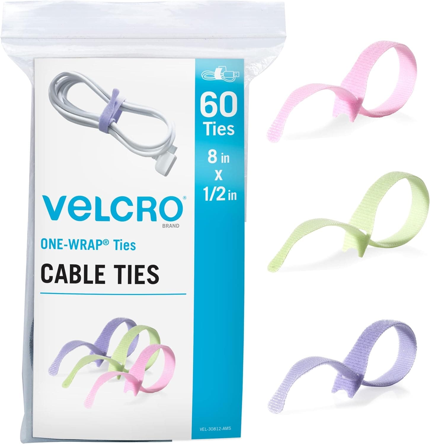 VELCRO Brand Pastel Cable Ties Heavy Duty Reusable|60Pc Bright Colors Bulk Pack|8 x 1/2" ONE-WRAP Straps| Wire Management| Perfect for Crafts or Office Supply Bundling for Home, Classroom or Worksite