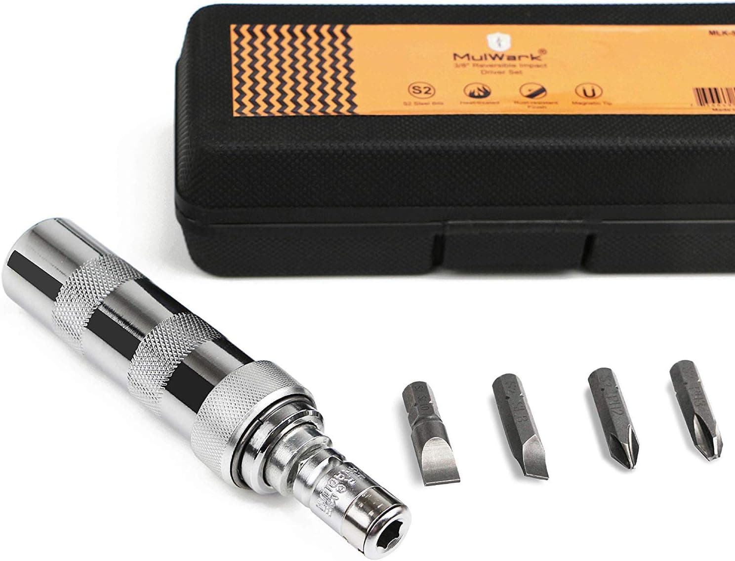 MulWark 3/8" Hand Drive Premium Reversible Manual Impact Driver Set- Hammer Screwdriver Kit with S2 Steel Impact Bits to Disengage Rusted Fasteners or Frozen Bolts| Flathead 5/16” 3/8”& Phillips #2#3