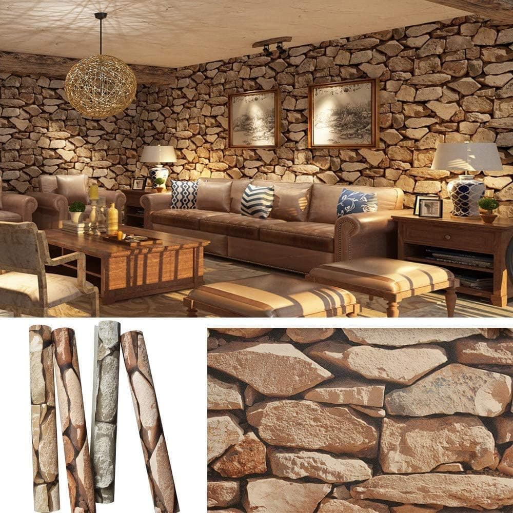 FOMEIL Rustic 3D Rock Stone Wallpaper 374" X 20.8" Brick Retro Contact Paper 57 Sqft Decorative Wallpaper Wall Decoration for Bathroom Bedroom Kitchen Coffee Shops,Brown