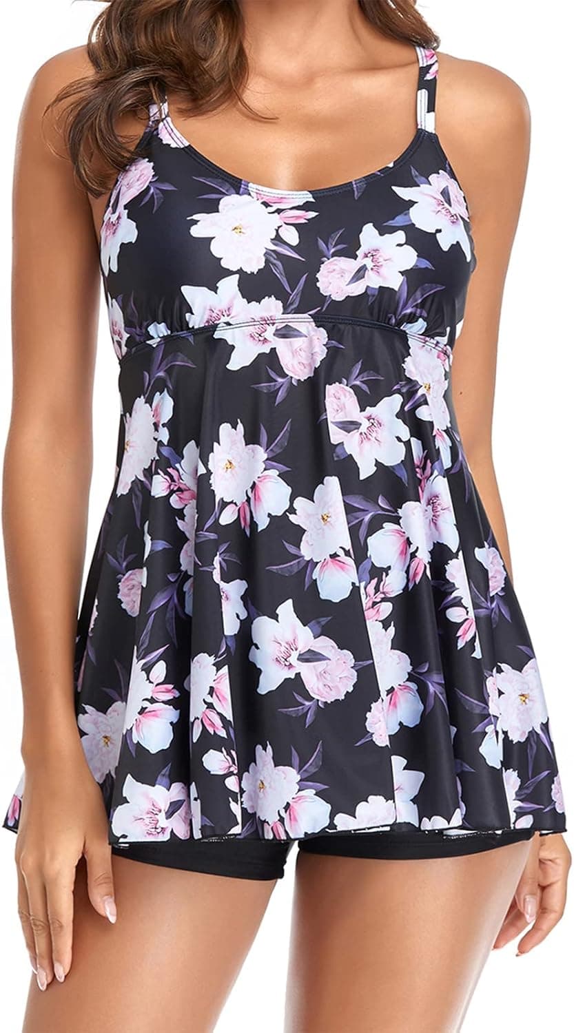 SISKIN Plus Size Swimsuits for Women Tummy Control Tankini Bathing Suits Modest Two Piece Swimwear Floral Top Boy Shorts Peony 3XL