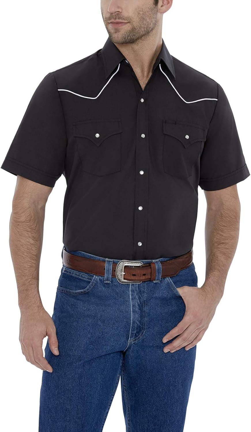 ELY CATTLEMAN Men's Short Sleeve Solid Western Shirt with Contrast Piping