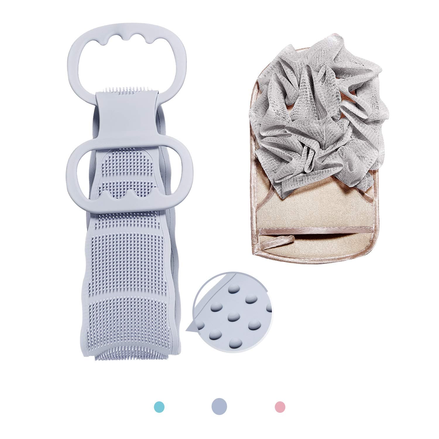 Silicone Back Scrubber for Shower - Silicone Body Brush, Exfoliating and Double-Sided Bath Gloves with Sponge, for Shower, Skin Massage and Body Scrubber Set(2Pcs) Maioule (1-Grey)