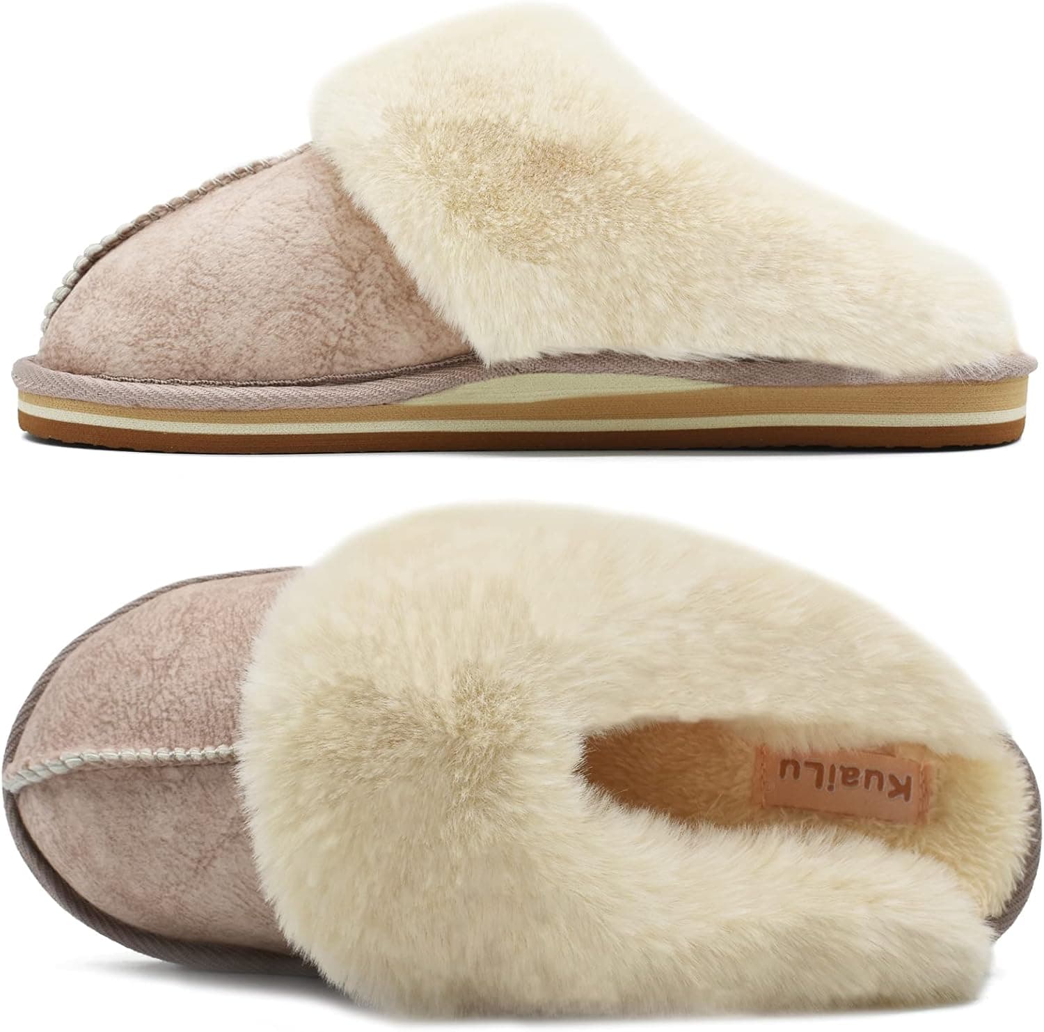 KuaiLu Womens Fluffy Dual Memory Foam Slippers Ladies Cozy Arch Support Warm Scuff Slippers Slip on Comfy Winter House Shoes with Non-Slip Indoor Outdoor Hard Sole