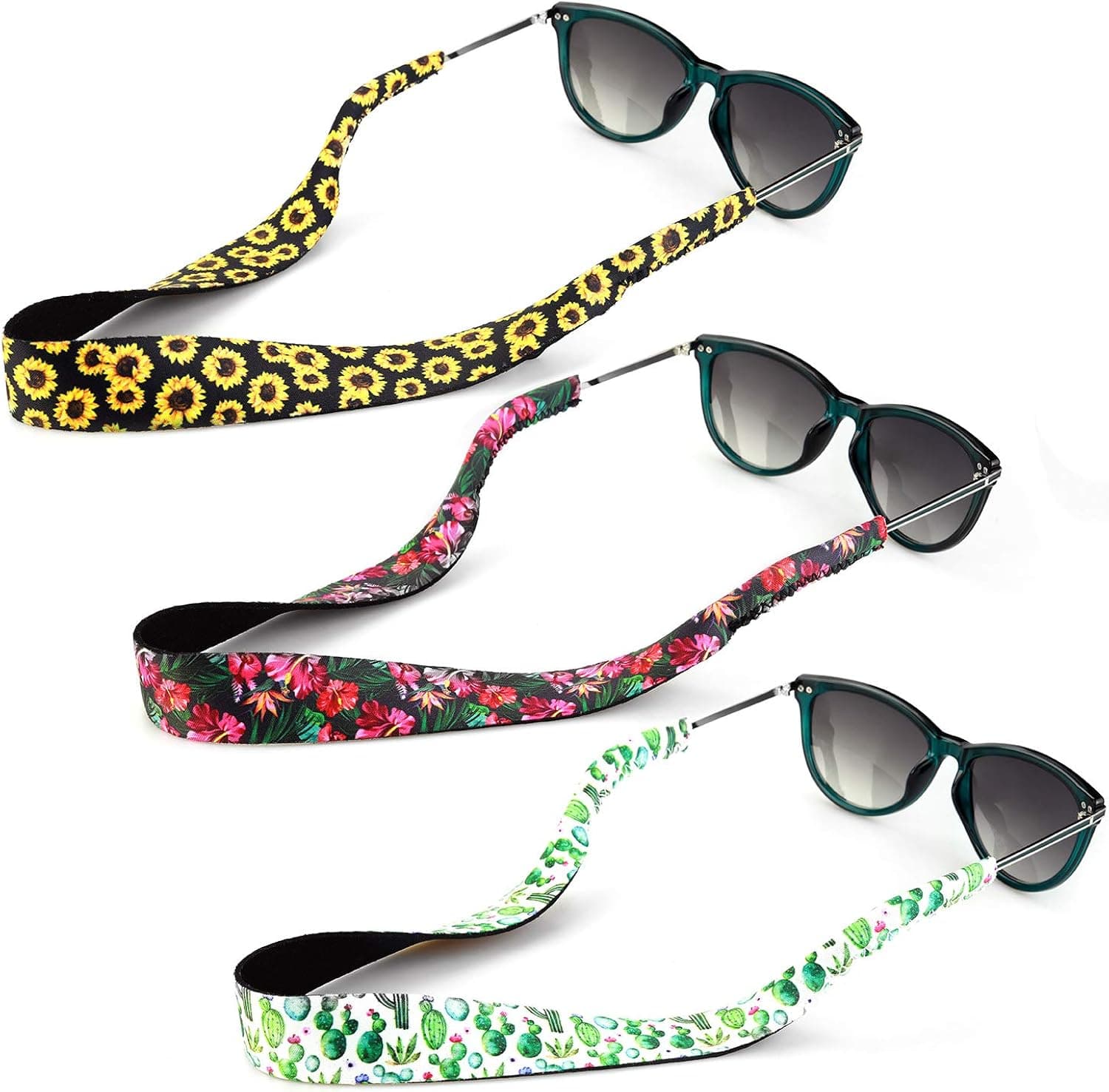 YR Floral Pattern Sunglass Straps, Soft And Durable Neoprene Material Floating Eyewear Retainers, 3 Packs.