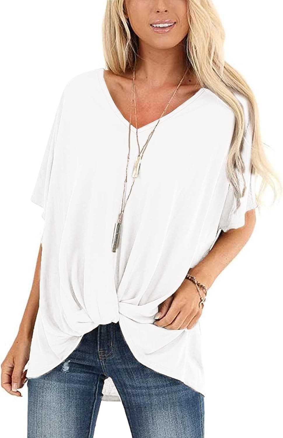 Zeagoo Women's V Neck Short Sleeve Comfy Casual Twist Knot Tunics Tops Blouses Tshirts