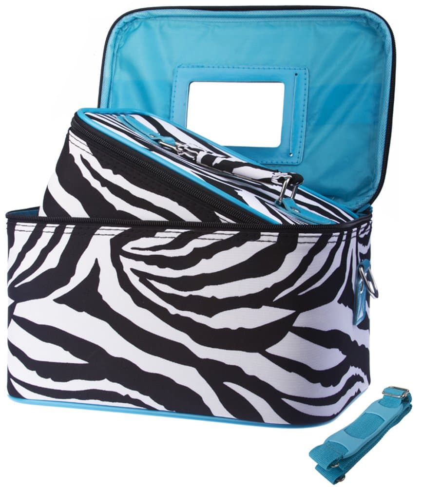 Ever Moda Blue Zebra Cosmetic Makeup Train Case 2-piece