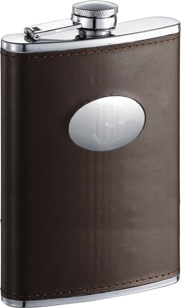 Personalized Brown Leather Stainless Steel 8 oz Flask, Free Engraving