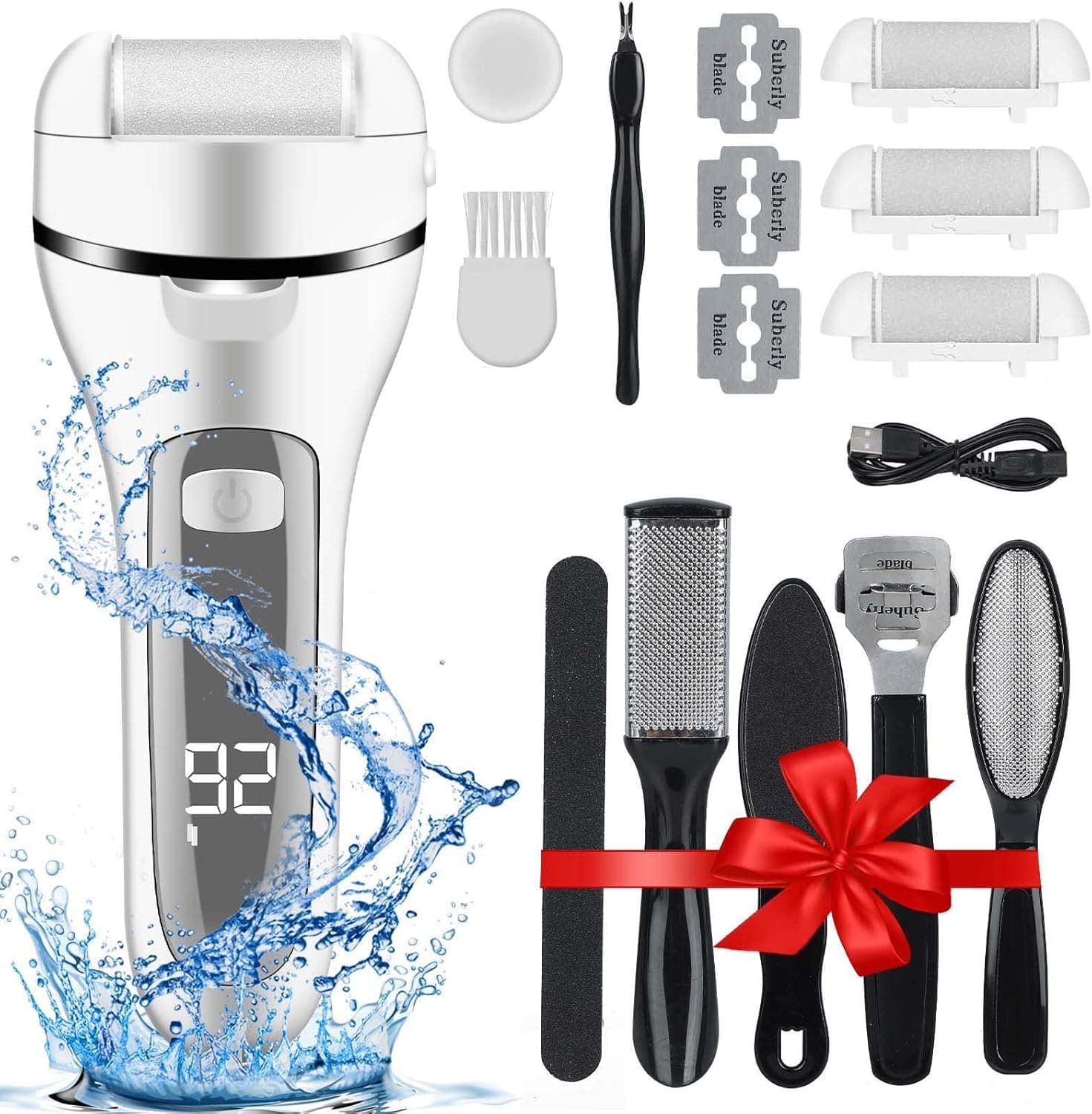 Electric Foot Callus Remover, Rechargeable 16 in 1 Foot File Pedicure Kit Tools,Waterproof Foot Scrubber Dead Skin Remover with 3 Roller Heads & 2-Speed Power Pedicure Tools for Feet Hands Heels Spa