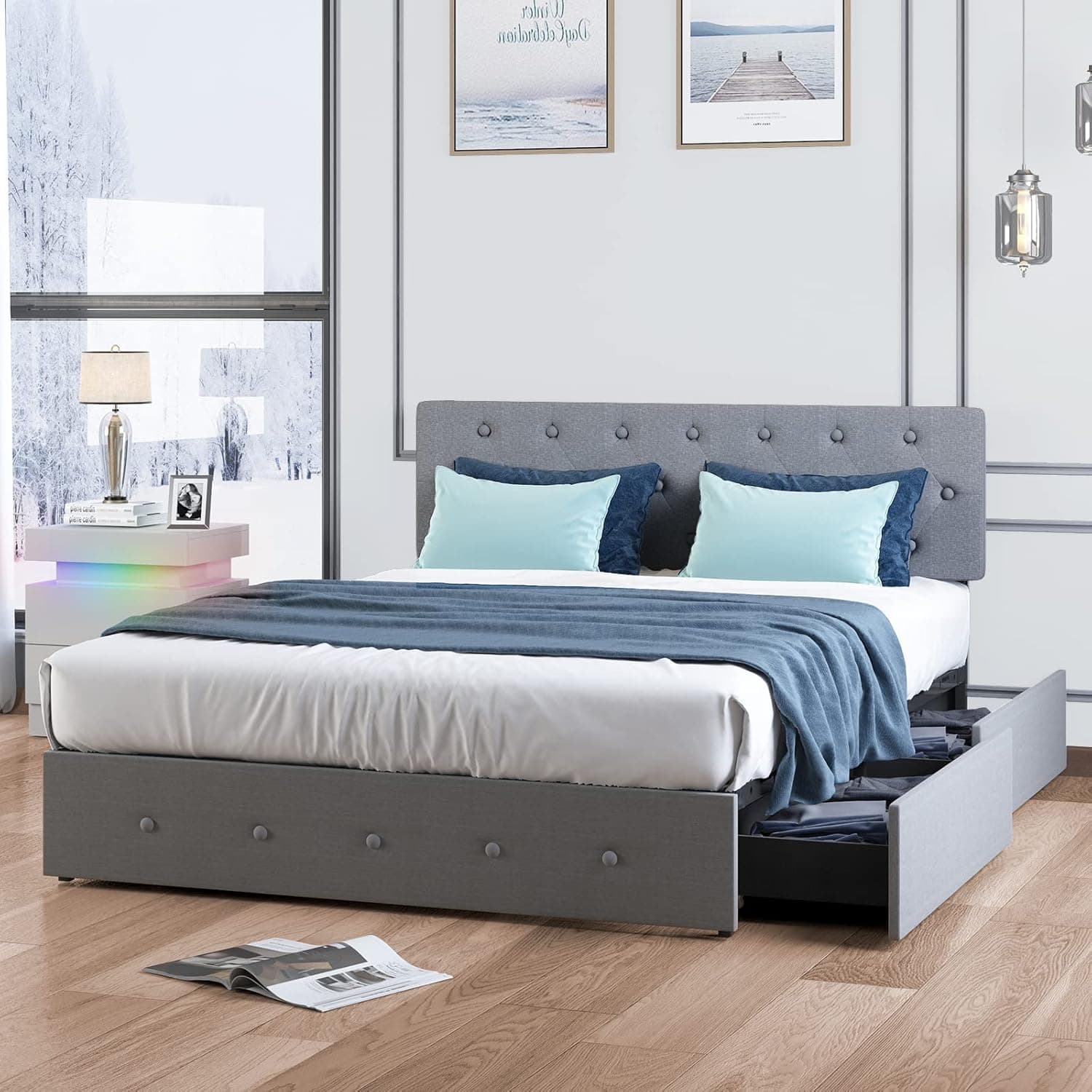 MUZZ Platform Bed Frame with 4 Large Storage Drawers, King Size Bed Frame with Adjustable Headboard, No Box Spring Needed, Wood Slat Support, Easy Assembly (King, Light Grey)