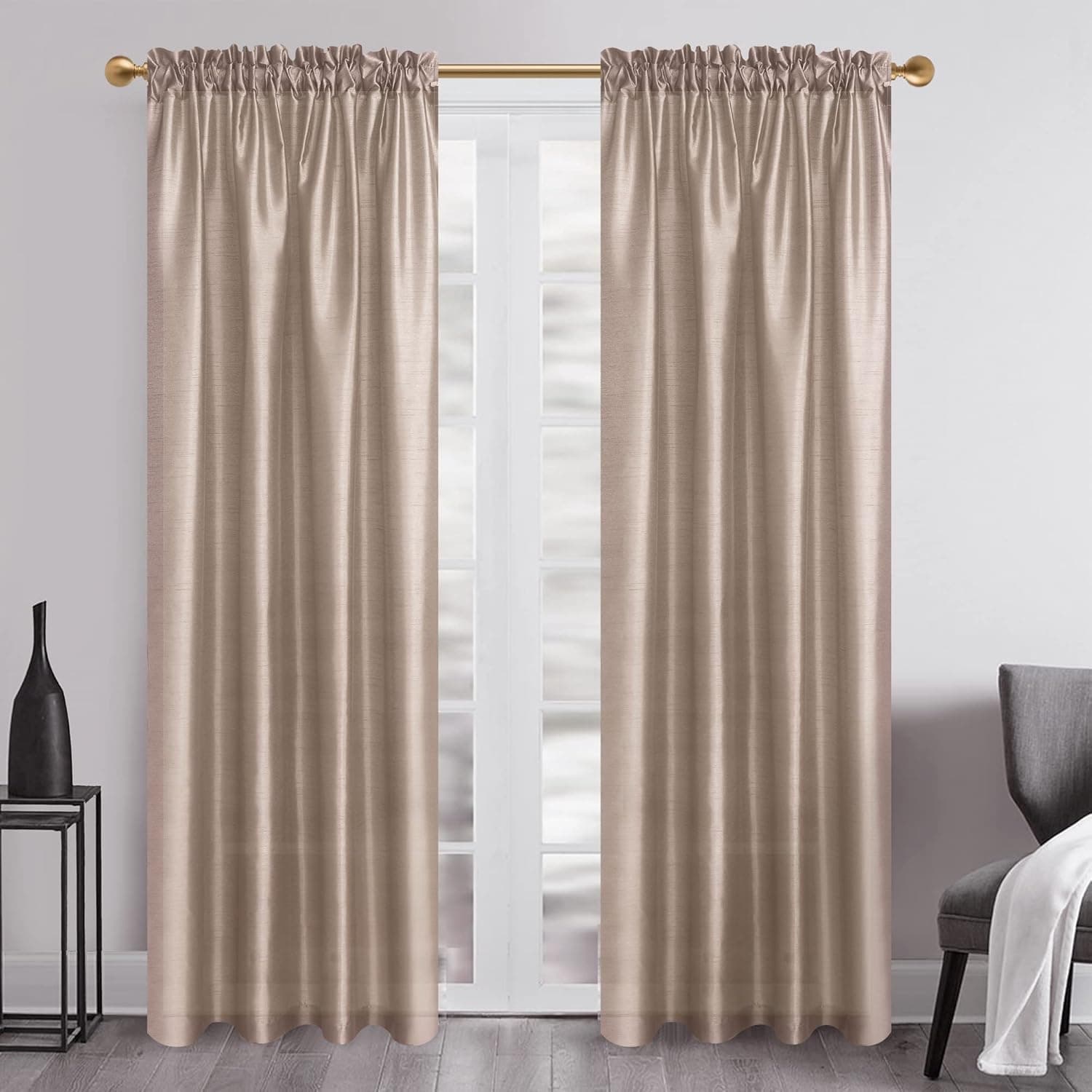 GYROHOME 2panels Tan Faux Silk Stain Curtains with Rod Pocket Light Filtering Dupioni Silk Drapes Window Treatment Satin Drapes for Bedroom Living Room, 52x84inch