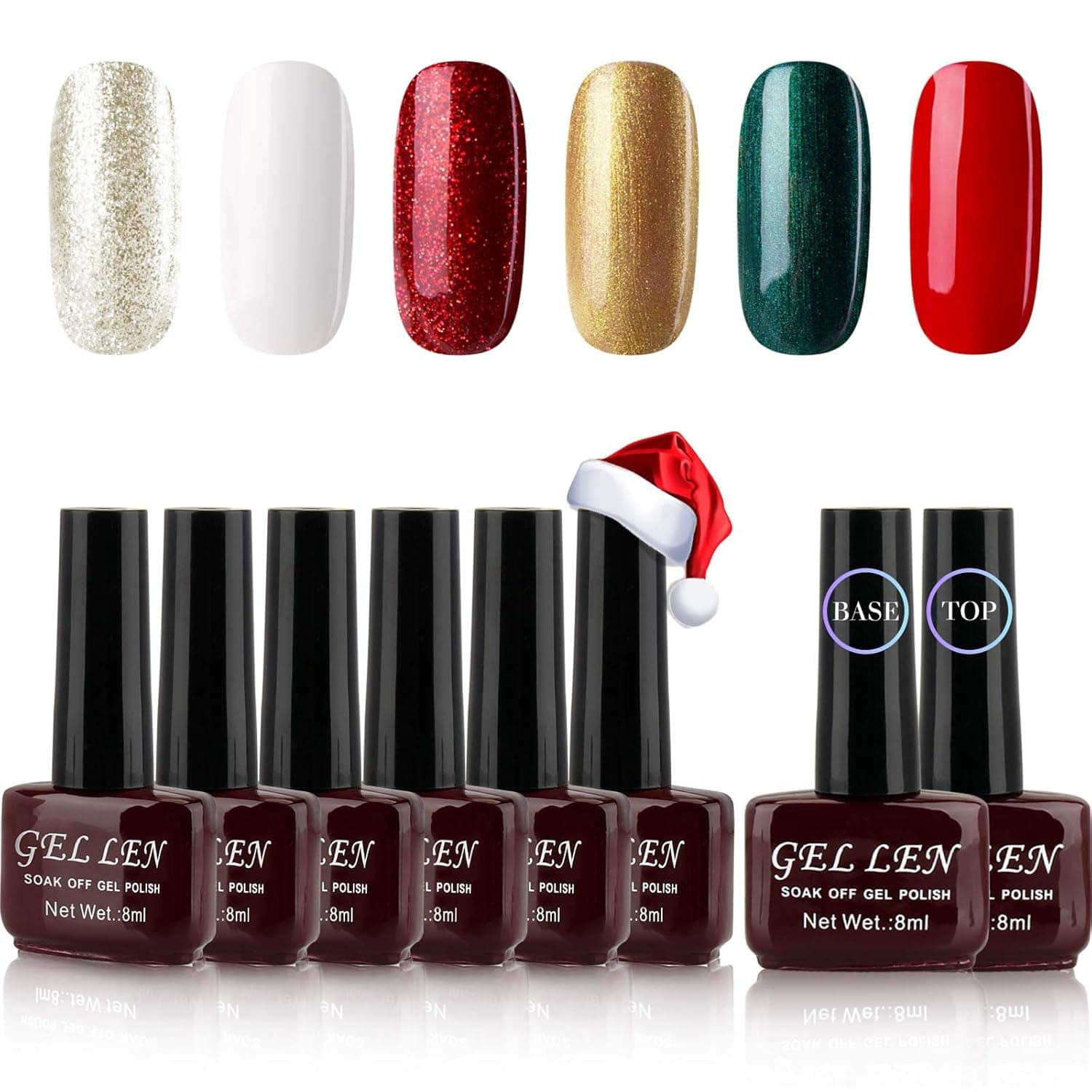 Gellen Gel Nail Polish Kit 6 Colors With Top Coat Base Coat - Christmas Colors Nail Gel Collection Home Gel Manicure Set