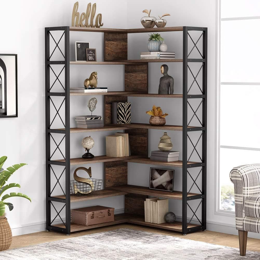 Tribesigns 6-Shelf Corner Bookcase, Vintage Industrial Corner Bookshelf Etagere Bookcase, 6 Tier Corner Shelf Storage Rack with Metal Frame for Living Room