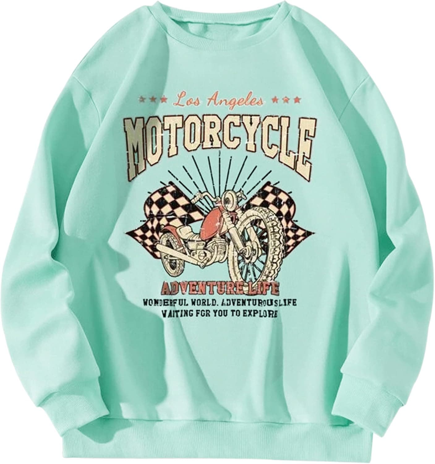 MISSACTIVER Women Motorcycle Letter Print Graphic Sweatshirt Fleece Crewneck Drop Shoulder Casual Loose Pullover Jumper Tops(X-Large,Mint Green)