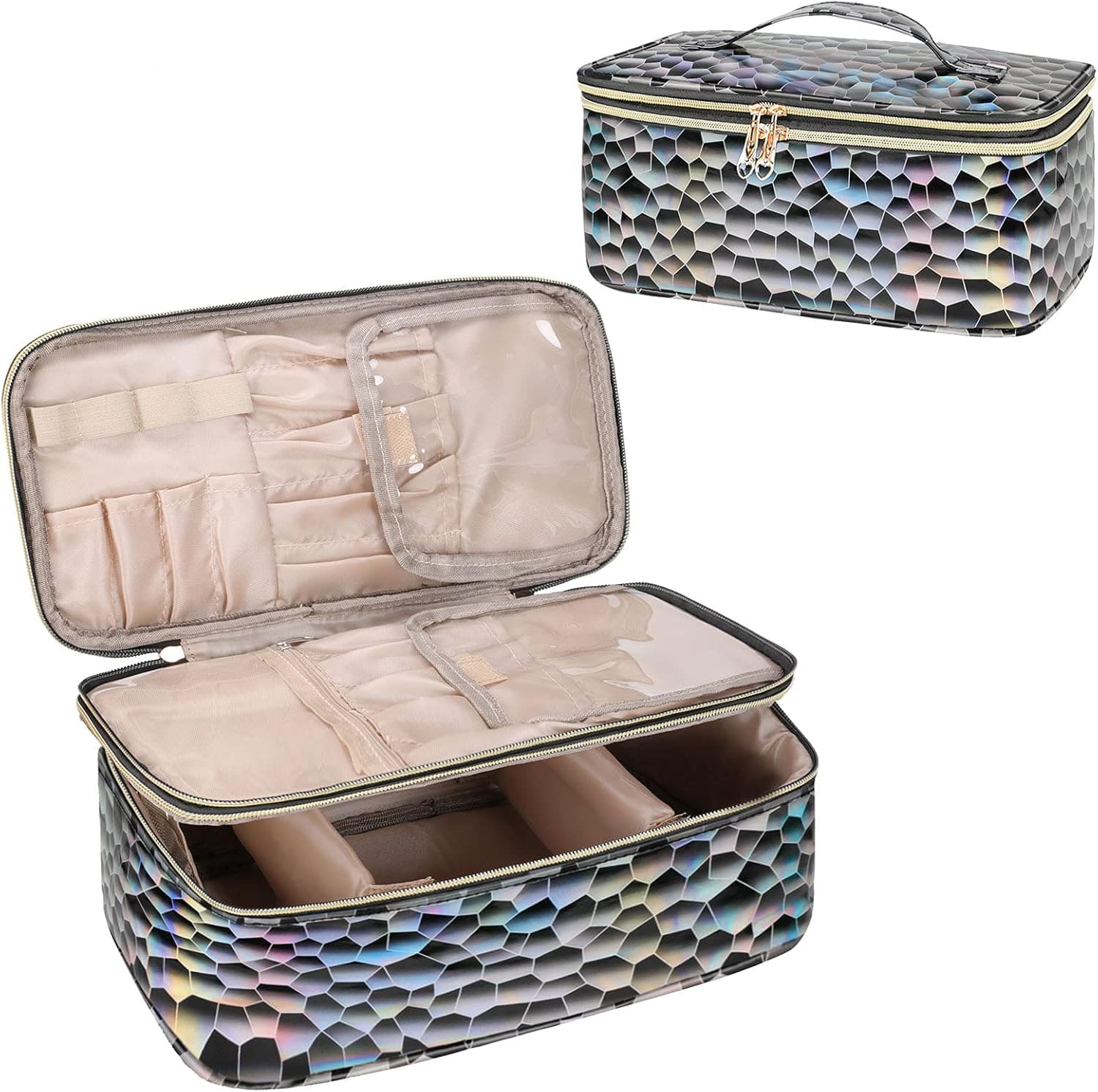 Dofilachy Makeup Bags for Women-Portable Double Layer Travel Makeup Case, Professional Cosmetic Makeup Bag Organizer Fits Makeup Brushes (Black Silver)
