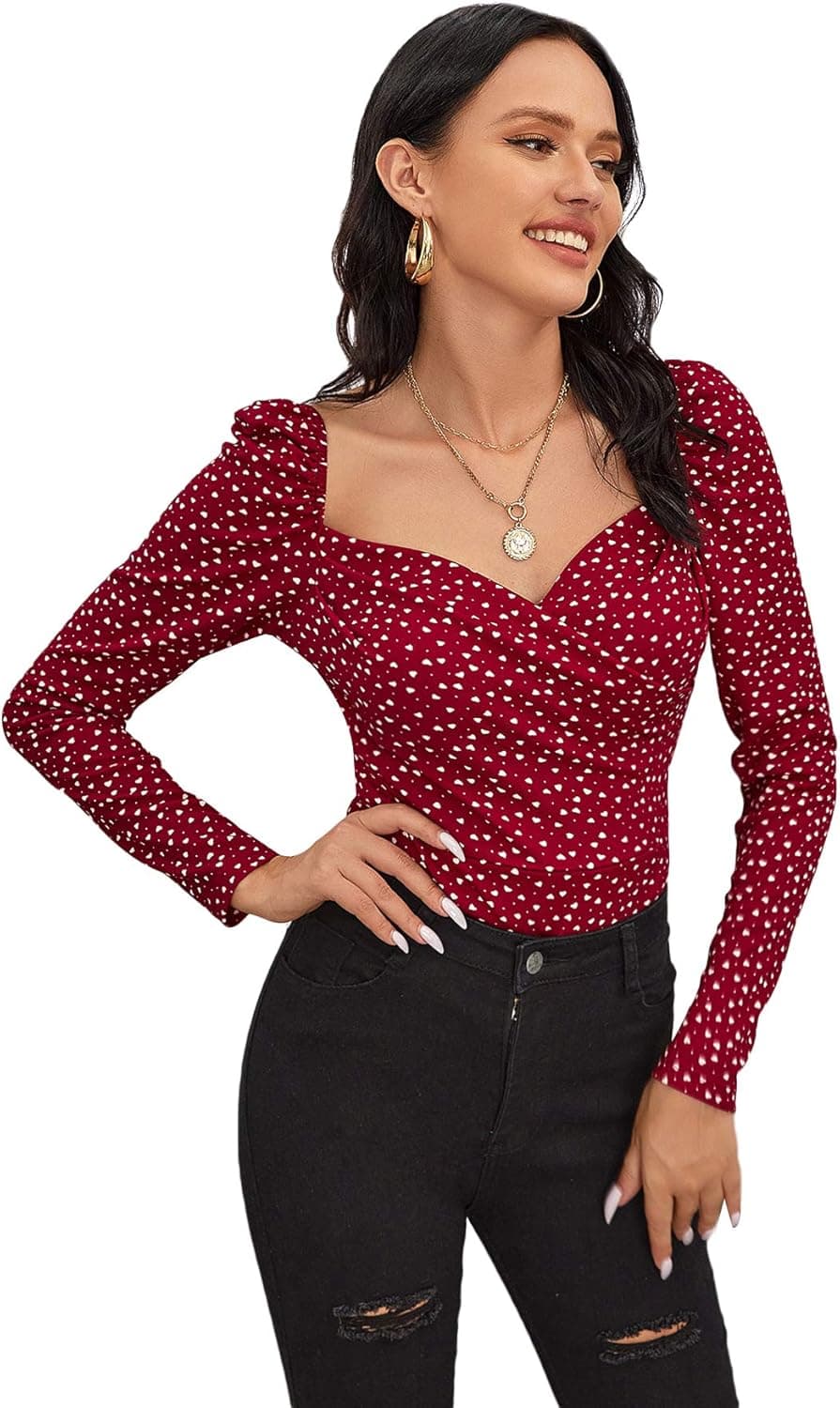 Romwe Women's Sweethheat Neck Puff Long Sleeve Zipper Back Elegant Slim Fit Blouse