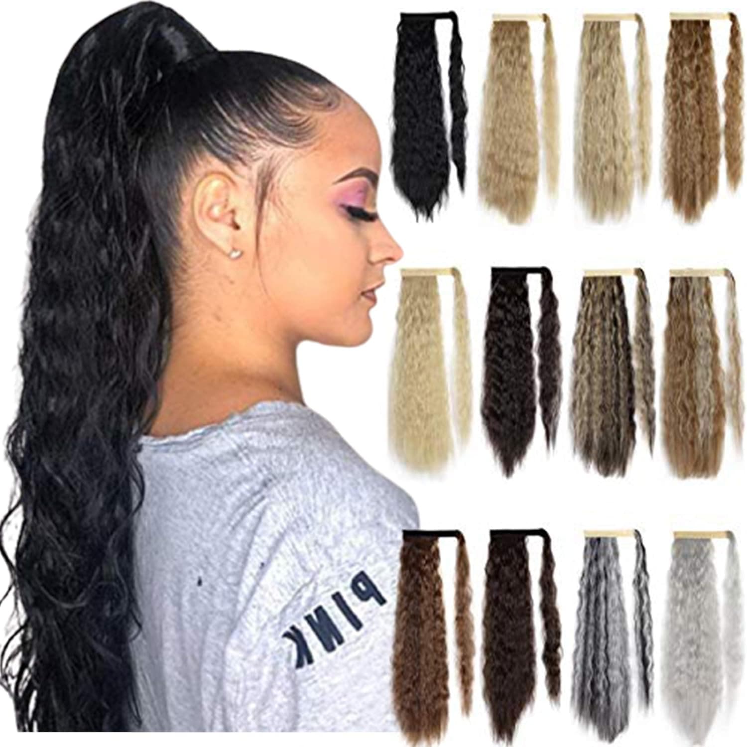 CAREONLINE 24 Inch Curly Ponytail Extension Kinky Wrap Around Ponytail Extension Synthetic Yaki Hairpiece for Women(Natural Black Mix Silver Grey)