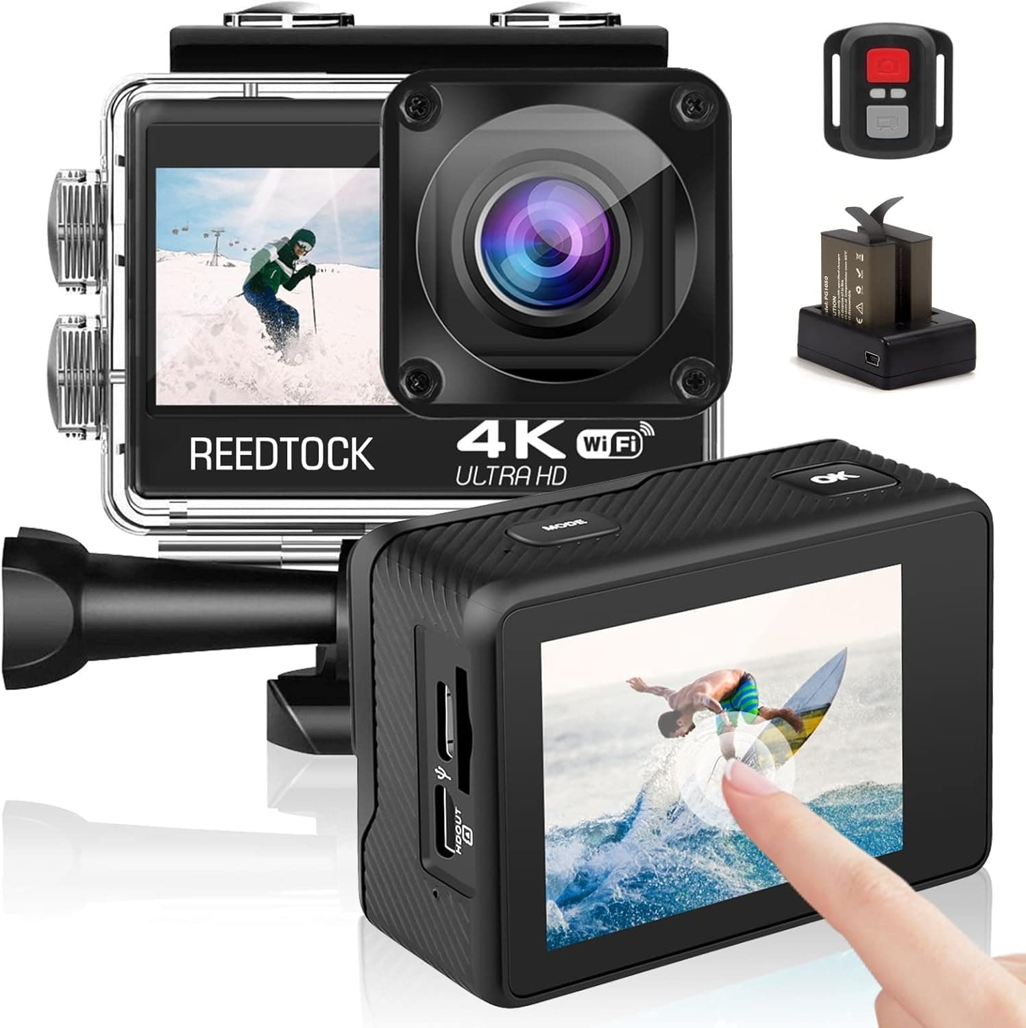 REEDTOCK Action Camera with Touch Screen, 4K 24MP Dual Screen, Underwater Waterproof Camera with Remote Control EIS WiFi 4X Zoom, Sports Video Recorder, 2 Batteries Dual Charger Accessories Kit