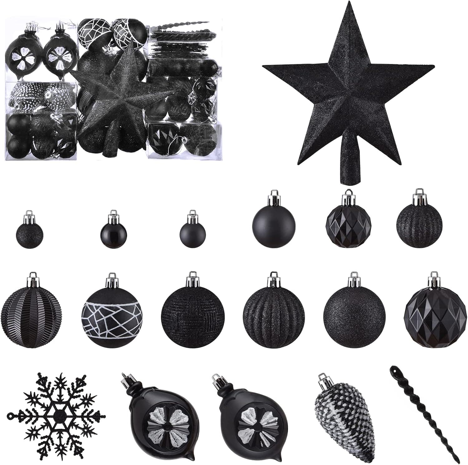 ILLUMINEW 100Pcs Christmas Ornaments Set, Shatterproof Christmas Ball Ornaments, Xmas Seasonal Decorative Assorted Baubles Pendants for Christmas Tree Party Holiday Indoor Decor(Black)