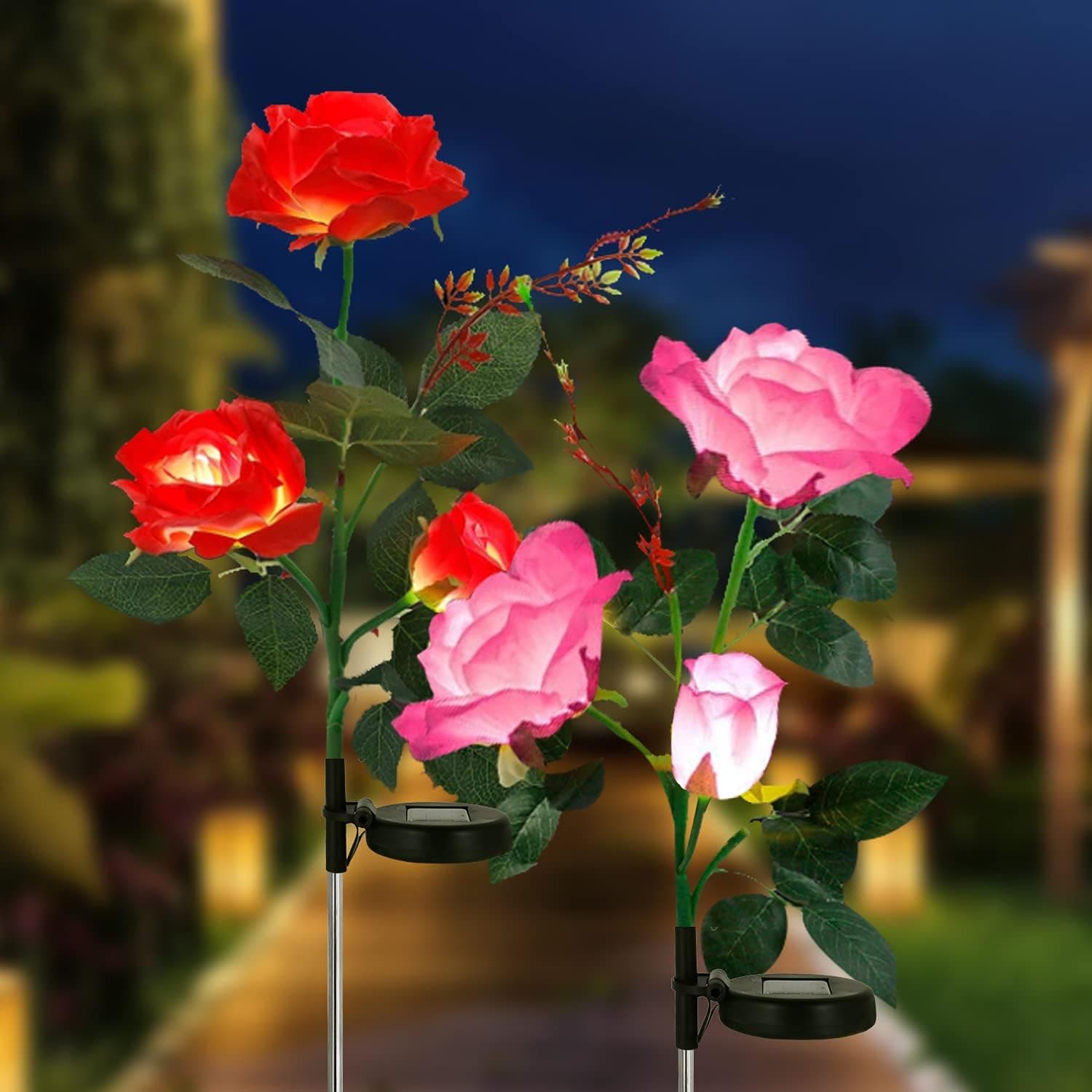 MIAGI Solar Lights Outdoor 2022 New Upgraded Solar Flowers Lights,2 Pack Premium Solar Lights with 6 Rose Flowers,Waterproof,Decorate for Patio Pathway (Red,Pink)