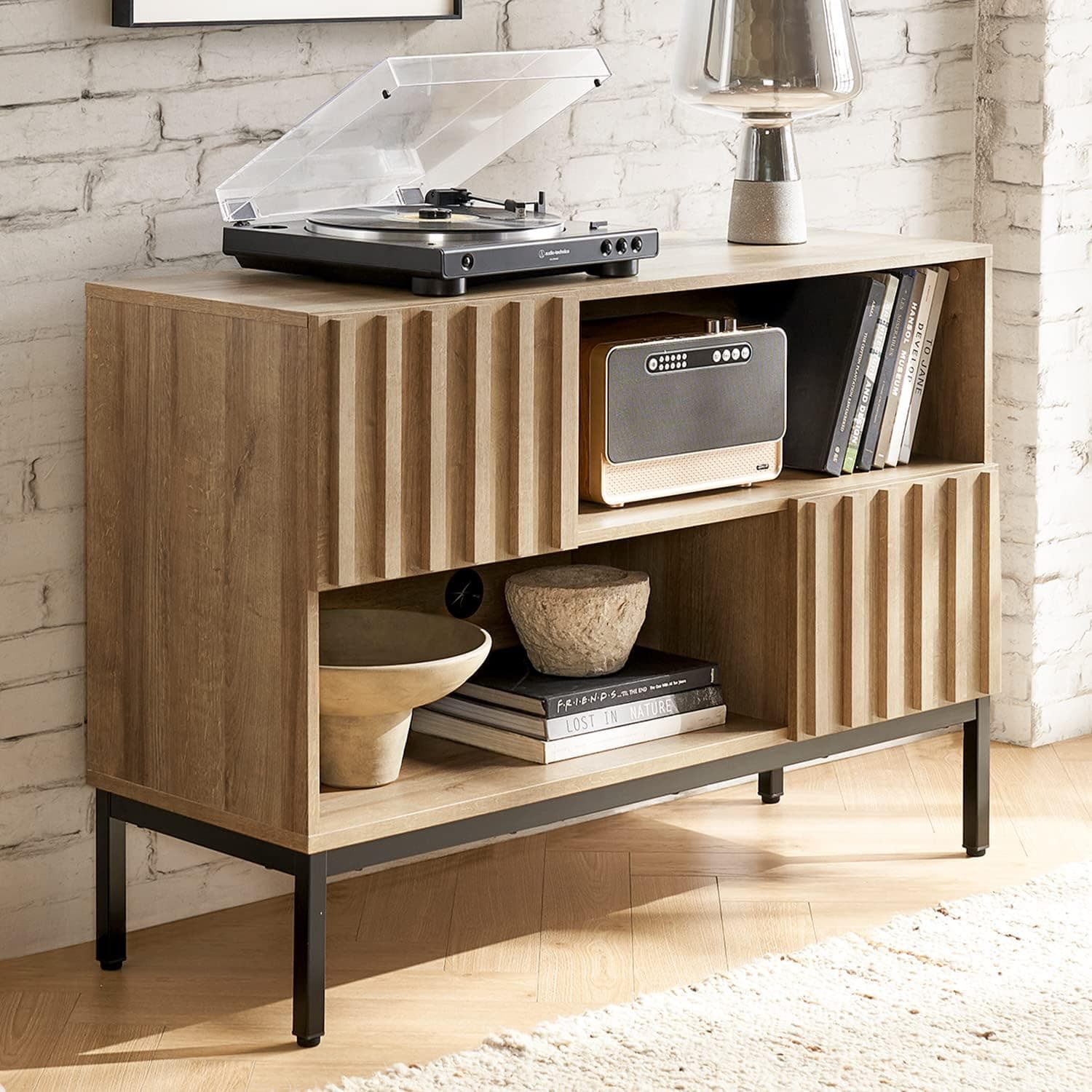 mopio Norwin Entryway Table, Modern Industrial Farmhouse Console Table, Display Shelf, Sofa Table, Accent Cabinet, with Metal Legs, Soft Close Door, Storage Shelves, & Leveler, for Living Room, Oak