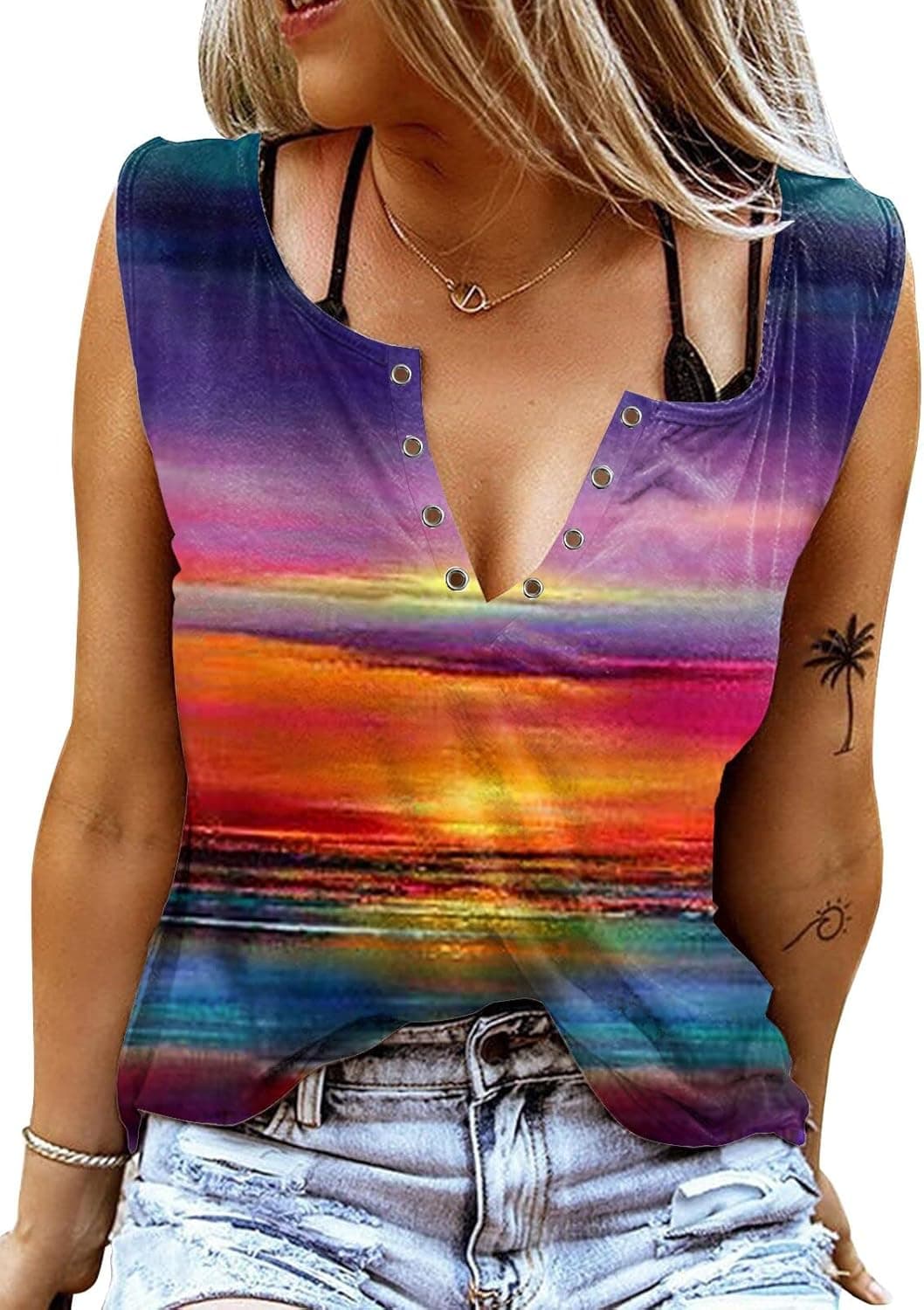 ETCYY Sleeveless V Neck Tank Tops for Women Loose Fit Causal Summer Tie Dye Country Music Ring Hole Floral Printed T Shirt