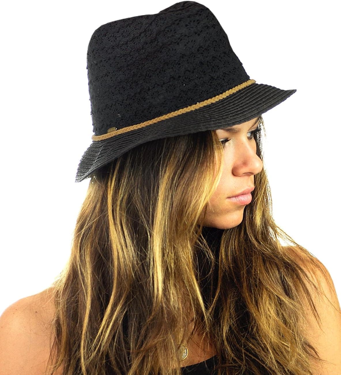NYFASHION101 Braided Trim Spring Summer Cotton Lace Vented Fedora Hat