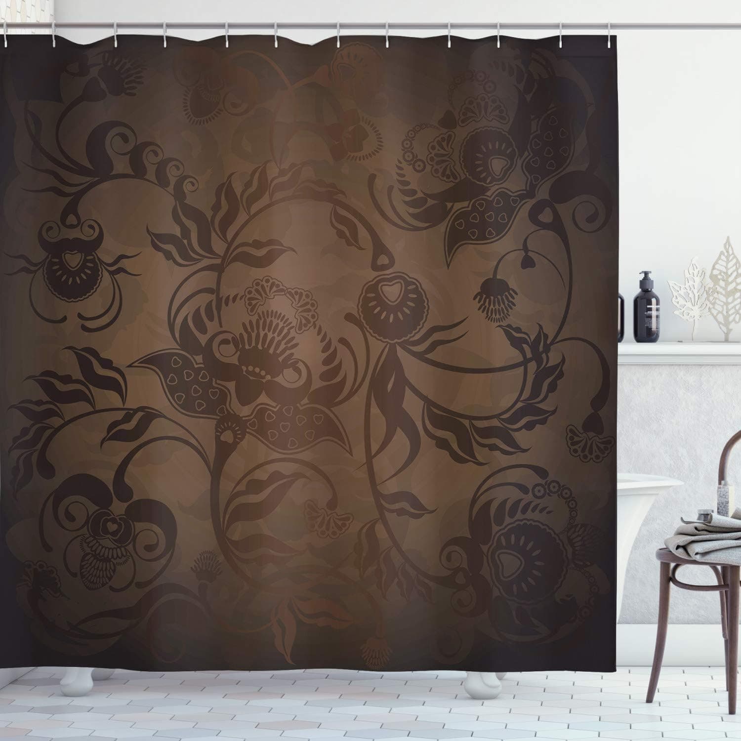Ambesonne Victorian Shower Curtain, Floral Paisley Ivy Design Leaves with Abstract Details Print, Cloth Fabric Bathroom Decor Set with Hooks, 75" Long, Seal Brown