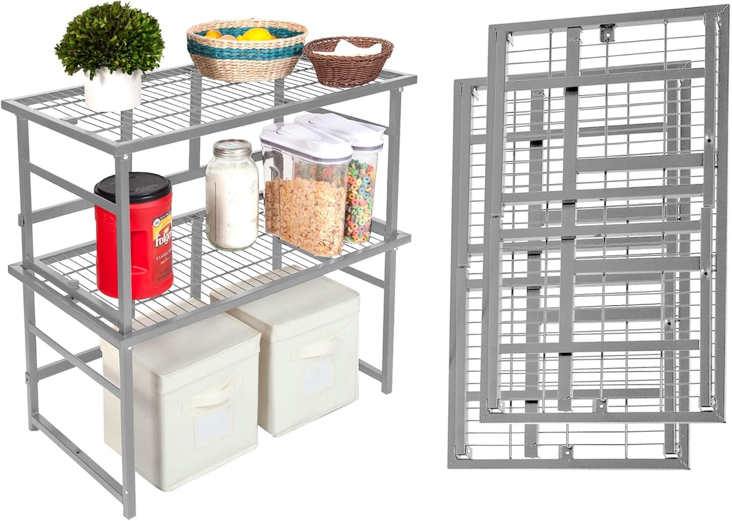 Origami R1 Stackable Storage Shelf, Collapsible/Foldable Steel Shelving Holds up to 150 Pounds (Per Rack), Modular Heavy Duty Garage Storage & Organization Utility Shelf (2-Pack) (Pewter, R1)